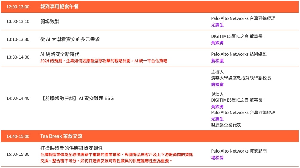 AI 網路安全新紀元 製造業高峰論壇 活動議程